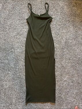 Tyche Olive Green Ribbed Maxi Slip Dress